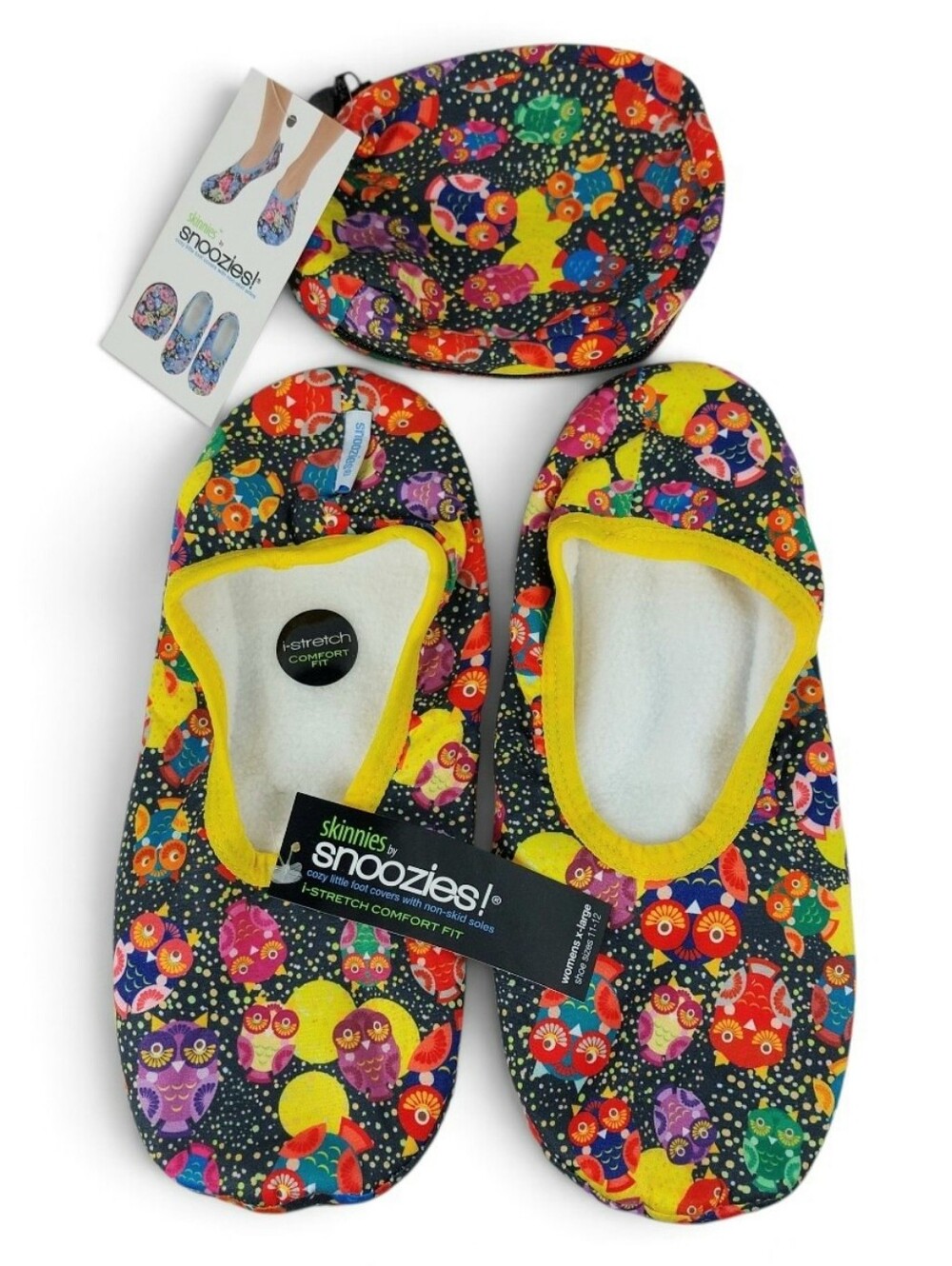 Snoozies Colorful Owls Cozy Travel Slippers With Case XL 11 / 12 Women's NEW